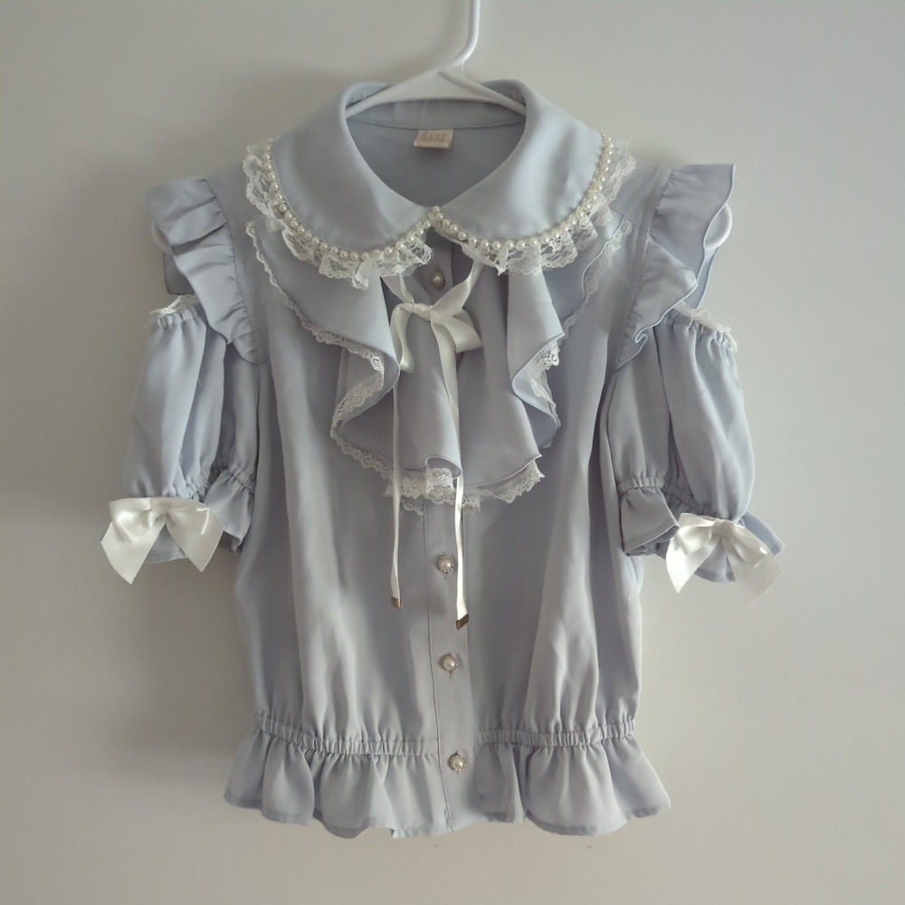 Secret Honey Japanese Light Blue Ruffled Ribbon Lace Pearl Blouse